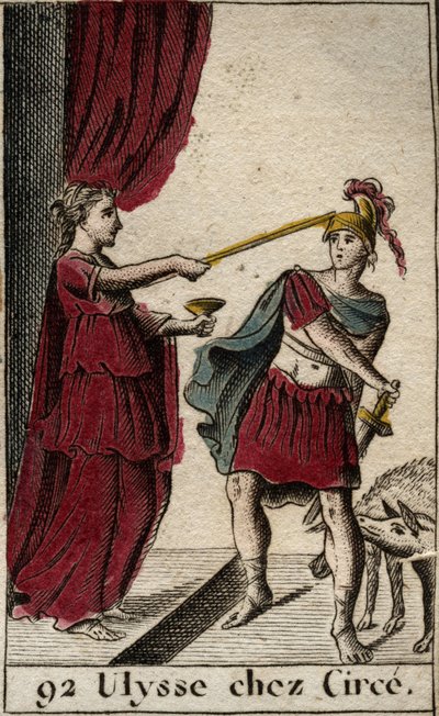 Homere Odüsszeusa: a hős, Ulysses a Circe-ben, a varázsló. Mögötte társai disznókká változtak. (Homérosz Odüsszeája: Odüsszeusz Circe-ben, a varázslónő. Mögötte társai disznókká változtak) Pierre Bl „Mythologie de la jeunesse” című művéből alkotó: French School