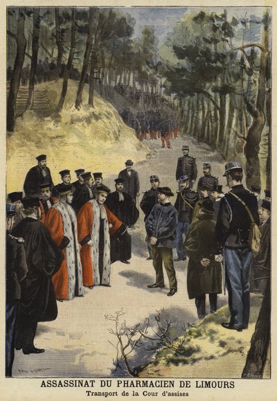 A bíróság tisztjei Kauffmann úr, egy limours-i gyógyszerész meggyilkolásának helyszínén jártak a franciaországi Royat közelében, 1897. alkotó: French School