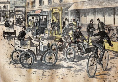 1899. október 5-én a postahivatal helyettes államtitkára, Leon Mougeot (1857-1928) elnökölt a kerékpárok és különféle gépkocsik első postaszállítási tesztjein Párizs XII. kerületének központi postáján. . Metszet „” Le P alkotó: French School