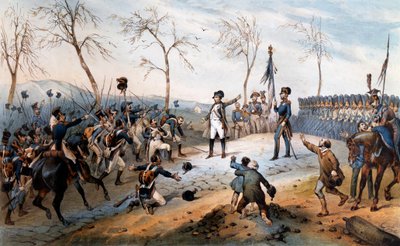 Száz nap: „” Napóleon Bonaparte (1769-1821) visszatért Elba szigeti száműzetéséből 1815 - Napóleon hazatérés Elbáról. alkotó: French School