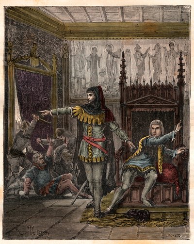 Százéves háború: „” Károly delfin (akkor V. Károly) (1338-1380) (Franciaország első delfinje) és Etienne Marcel (1302/1310-1358), aki meggyilkolt két minisztert (marechaux), Robert de Clermont és Jean de Conflans a szobában a francia delfin at alkotó: French School