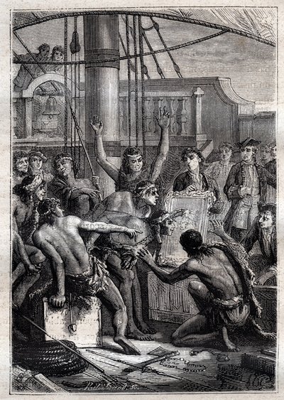 Csupán egy tükör volt képes felkelteni döbbenetüket: Samuel Wallis utazása (1728-1795) Polinéziában - indigenes etonnes tükör által - illusztráció a „18. századi nagy tengerészek” című könyvből. alkotó: French School