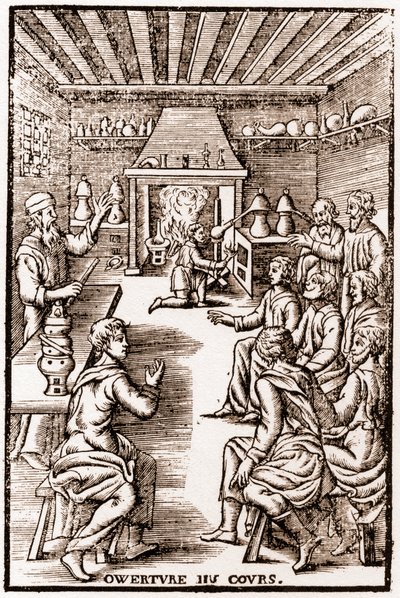 A transzmutációs kémia kurzusának megnyitása - 1653-as metszet a „” LE VRAY ET METHOD COURSES DE PHYSICS RESOLUTIVE”-ba, Annibal Barlet alkotó: French School