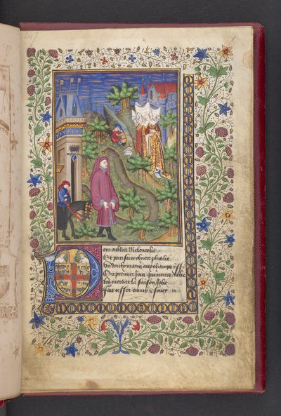 Nyitó oldal. Egy úriember egy tájban, utána egy másik lóra ülve, három hölggyel.  Le livre des quatre dames; par Alain Chartier. Le livre des quatre hölgyek; par Alain Chartier.  Chartier, Alain, nincs megjelölve, V. Károly titkára alkotó: French School