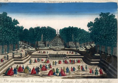 Optikai nézet: A versailles-i kertek ligeteinek nagy termének perspektivikus képe. 18. századi metszet. alkotó: French School