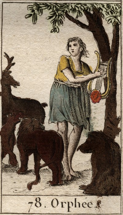 Orpheus elbűvöli a vadon élő állatokat Pierre Blanchard 1803-as „Mythologie de la jeunesse” című lírájának eljátszásával. alkotó: French School