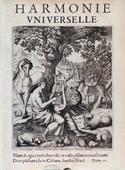 Orpheus az állatoknak játszik. Marin Mersenne Harmonie universelle című művének címlapképe. alkotó: French School