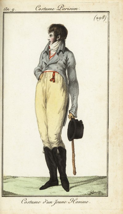 Fiatal férfi vagy Incroyable ruhája, 1801. május (kézszínű rézmetszet) alkotó: French School