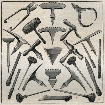 Golfevre szerszámok. Metszet 1885-ből Adolphe BITARD „” Les arts et professions illustrés” című könyvébe. alkotó: French School