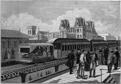 Az Elevated Railroad állomás és az elektromos vonat áttekintése New Yorkban, USA. Metszet a „” La Nature-be. Revue des sciences et de ses applications aux arts et a l