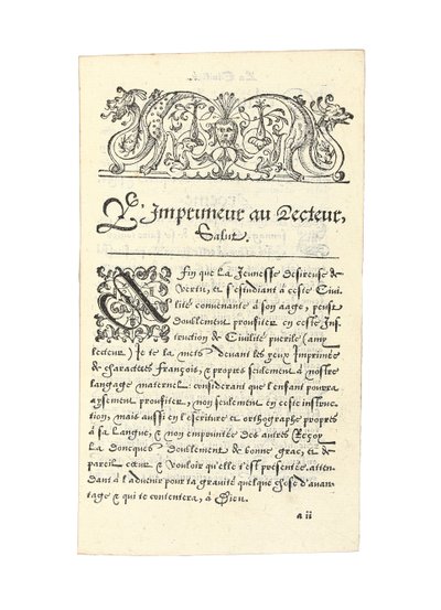 Oldal innen: „A gyermeki udvariasság, amelyért csodáltuk a gyermekek fegyelmezését és tanítását. Desiderius Erasmus: „A családapa tanai és tanításai a fiatalok számára” alkotó: French School