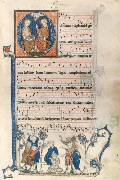 Oldal egy párizsi énekes kéziratából, a Szentháromság illusztrációival és a Blind Mans Bluff játékkal, 1280-1315 körül alkotó: French School