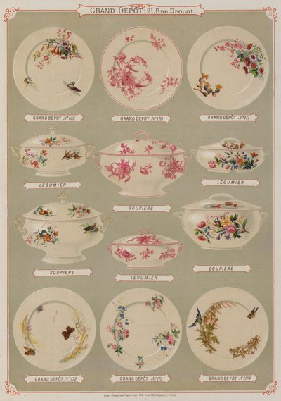 Oldal a Grand Depot de Porcelaines, Faiences et Verreries katalógusából (színes litó) alkotó: French School