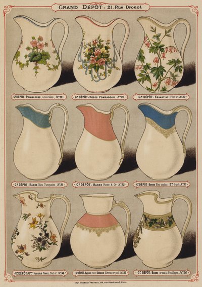 Oldal a Grand Depot de Porcelaines, Faiences et Verreries katalógusából (színes litó) alkotó: French School