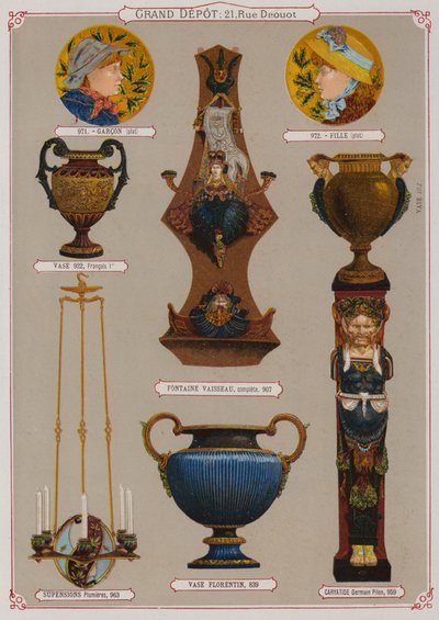 Oldal a Grand Depot de Porcelaines, Faiences et Verreries katalógusából (színes litó) alkotó: French School