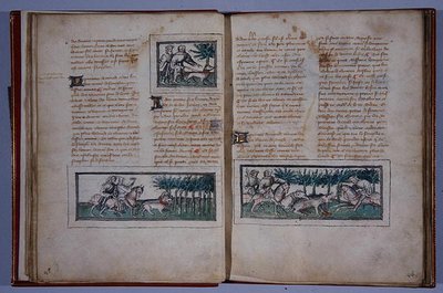 57. és 58. oldal, Le Livre du Roy Modus et de la Royne Racio, Henri de Ferrieres, 1420 körül (toll és tinta és WC papíron) alkotó: French School