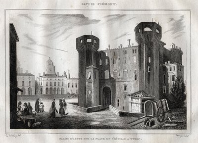 Az aostai palota a torinói Place du Chateau-n - Metszet a „festői” Olaszországból” – Olaszország történelmi és leíró festménye”, M. de Norvins, Ch. Nodier 1834-1836. alkotó: French School
