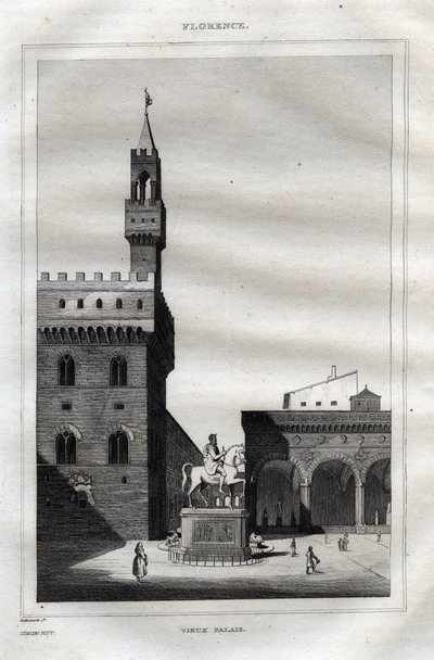 Palazzo vecchio Firenzében – Piazza della Signoria – Metszet a „festői Olaszországból” – Olaszország történelmi és leíró festménye”, M. de Norvins, Ch. Nodier 1834-1836. alkotó: French School