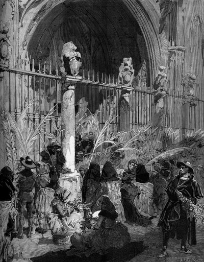 Virágvasárnap Spanyolországban: benit pálmafák eladása a toledói katedrális előtt. Szűz metszet az 1880. március 27-i 1200. sz. „” The Illustrous World” című művében. alkotó: French School