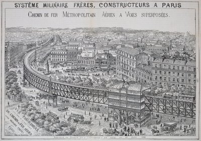 Panorámás kilátás a párizsi föld feletti metróra, illusztráció a Le Metropolitainből, 1885. május alkotó: French School