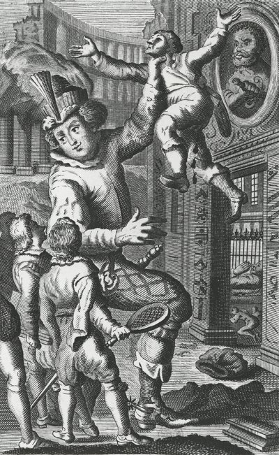 Pantagruel torkon ragadja Limousint, illusztráció a „Gargantua és Pantagruel”-ből, François Rabelais (metszet) alkotó: French School
