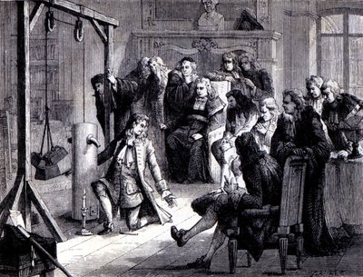 Papin (1647 - 1714) a marburgi egyetem professzorai előtt kísérletezik porgépével – a „Tudomány albumában; jeles tudósok; Nagy felfedezések””” 1896. alkotó: French School