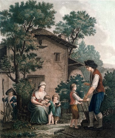 A szülők az igazi tanárok, 18. század vége (színes metszet) alkotó: French School