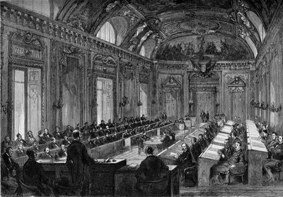 Párizs, 1871. augusztus 4.: az önkormányzati tanács első ülése a Palais du Luxembourg tróntermében. Metszet a „” Le Monde Illustré”” 748. számában, 1871. augusztus 12. alkotó: French School