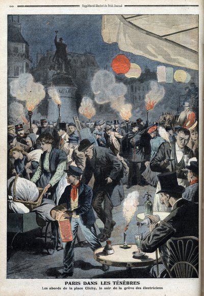 Párizs a sötétben - A Clichy hely környéke, a villanyszerelők sztrájkjának estéje - Le petit Journal, 1907. március (metszet) alkotó: French School