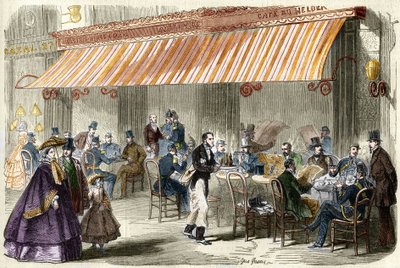 Párizs a 19. században. A boulevard des Italians 1859-ben: a Helder kávézó előtt este öt órakor. alkotó: French School