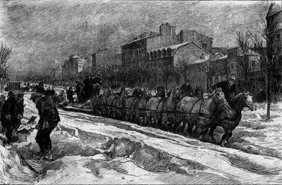 Párizs a hó alatt, tél 1879-1880: a Boulevard Montparnasse jégeke (hóvadászat). Metszet a „” Le Monde Illustré”” 1188. számában, január 3 alkotó: French School