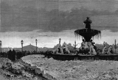 Párizs a hó alatt, tél 1879-1880: kilátás a Place de la Concorde egyik szökőkútjára a fagy alatt. Scott metszete a „” The Illustrous World”” 1188. számában, január 3-án alkotó: French School