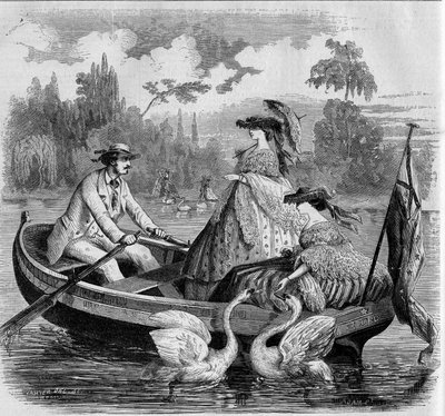 Párizsi módok, 1857 nyara: csónakázás a tavon. Metszet a „” Le Monde Illustré”” 24. számában, 1857. szeptember 26-án. alkotó: French School