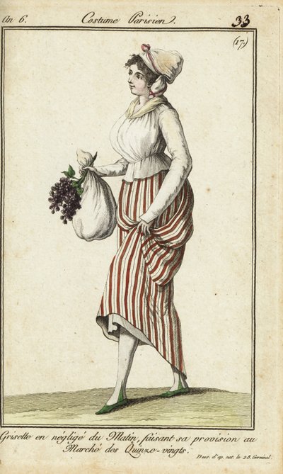 Párizsi boltos lány hétköznapi hajnali ruhában, 1798. március 26. (kézszínű rézmetszet) alkotó: French School
