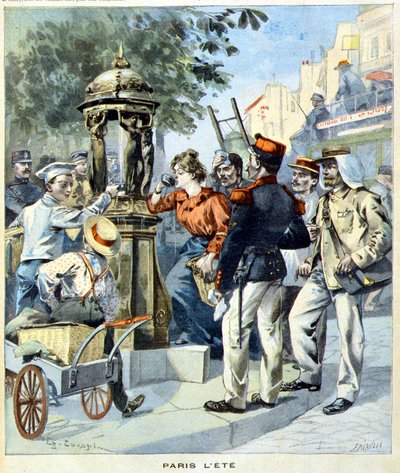 Párizsiak egy Wallace-kút körül isznak – a „Le Petit Journal”-ban, 1900.08.19. (metszet) alkotó: French School