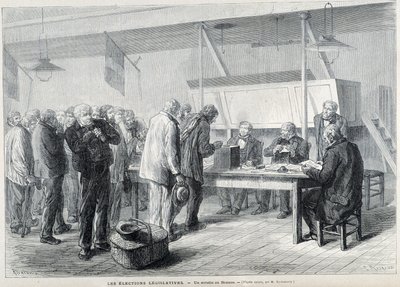 Parlamenti választások: szavazóhelyiség Beauce-ban – a Le Monde Illustré-ben, 1876. március alkotó: French School