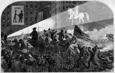 Buli New York (New York) utcáin, hogy megünnepeljük az Egyesült Államok (Egyesült Államok) és Anglia közötti transzatlanti távirati kábel 1858-as kiépítését. Metszet a „” Le Monde Illustré”” 79. számában, 1858. október 16.. alkotó: French School