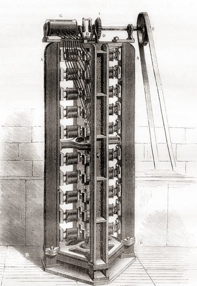 Paul-Gustave Froment függőleges elektromotorja, 1844 körül, a Les Merveilles de la Science-ből, megjelent 1870 körül (metszet) alkotó: French School