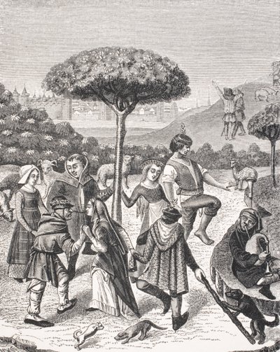 Paraszttáncok a májusi ünnepeken, egy 15. századi imakönyv miniatűrje után, Paul Lacroix (1806-84) „Le Moyen Age et La Renaissance” című művéből, 1847-ben megjelent alkotó: French School