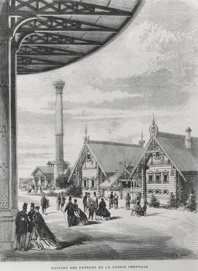 Parasztházak az 1867. évi Exposition Universelle orosz pavilonjában (litho) alkotó: French School