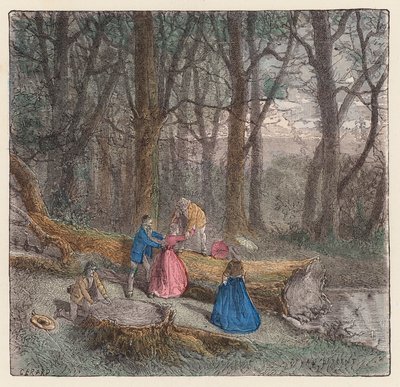 Emberek másznak át egy kivágott fán (színes metszet) alkotó: French School