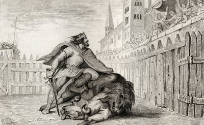III. Pepin (714-68) a rövidke az oroszlánnal és a bikával, Colart „Histoire de France” című művéből, 1840 körül megjelent alkotó: French School