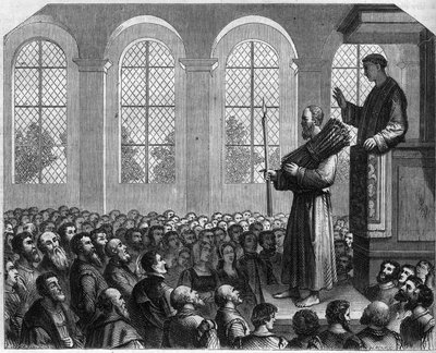 Protestánsüldözés Angliában a 16. században: James Bainham (Baynham) nyilvános bűnbánata Saint Paulban. Eretnekséggel vádolták, és arra ítélték, hogy a szószék elé álljon, egy köcsög a fején az ellene mondott prédikáció alatt. alkotó: French School