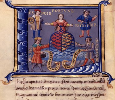 Szerencse, remény, kétségbeesés, jaj és jaj megszemélyesítései – Montmorency báró „” Discours de l’origine, office, charge, progress, privileges et immunite des roys et heraults d’armes de France”-ban alkotó: French School
