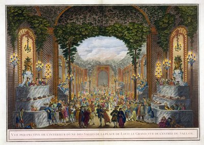 Perspektivikus kilátás a Place de Louis le Grand egyik szobájának belsejére, kilátás a szalon bejáratára (színes gravírozás) alkotó: French School