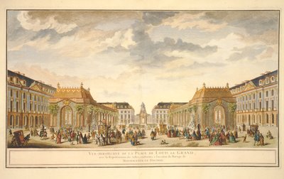 A Place de Louis le Grand perspektivikus képe a Monseigneur le Dauphin házassága alkalmából épített szobákkal (színes metszet) alkotó: French School
