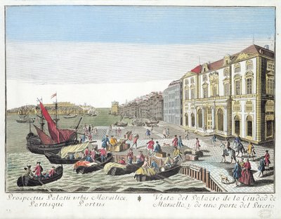 Perspektivikus nézet a városházáról és a marseille-i kikötő egy részéről, 1770 körül alkotó: French School