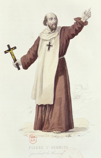 Remete Péter (kb. 1050-1115) az első keresztes hadjáratot prédikálja 1095-ben, 1840 körül (színes metszet) alkotó: French School