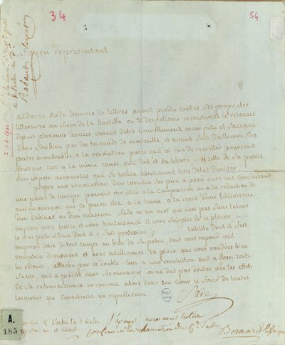 Aldonze Safe foglalkoztatási petíciója, 1794-95 (toll és tinta papíron) alkotó: French School
