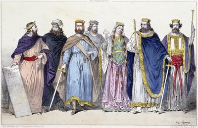 Pharamond, Clodion, Merovee, Childeric, Clotilde, Clovis 1er és Childebert 1er - „A francia monarchia nyomatokban” alkotó: French School